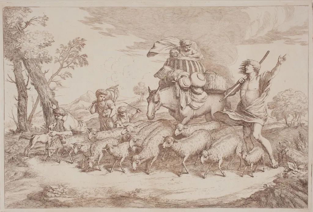 A Pastoral Journey with a Child in a Basket on Horseback, by Gaetano Zompini, ink, 1758