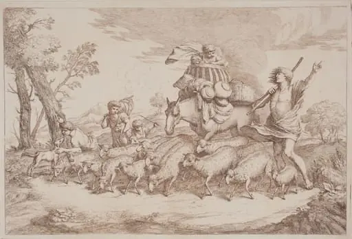 A Pastoral Journey with a Child in a Basket on Horseback, by Gaetano Zompini, ink, 1758