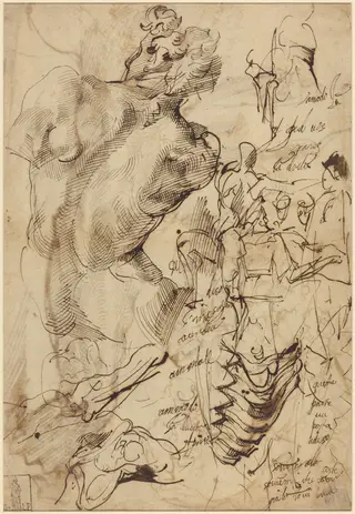 Studies of a Sculpture of a Male Nude, Vertebrae, and Gesturing Figures, by Bartolomeo Passarotti, ink, 1560