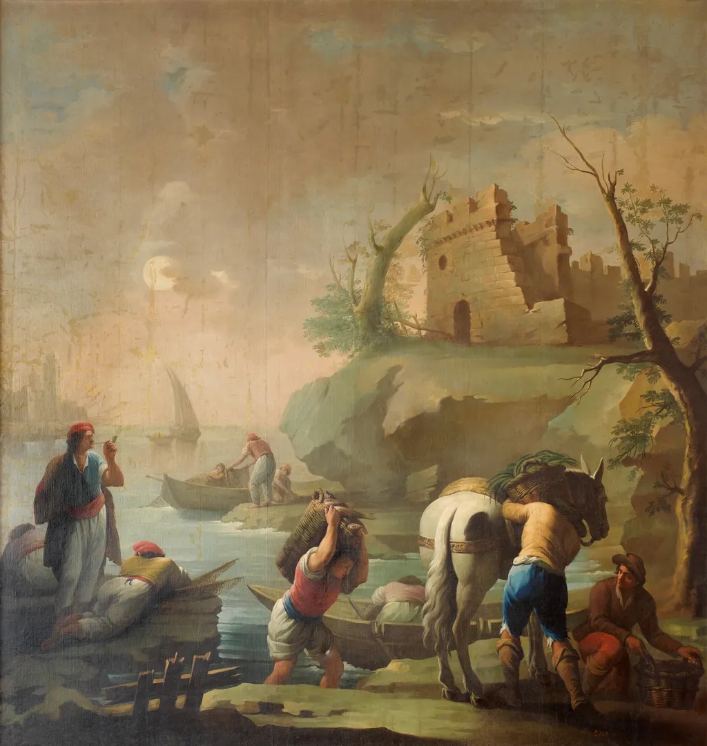 Pescadores cargando su mercancía sobre un caballo, by Zacarías González Velázquez, oil, 1793