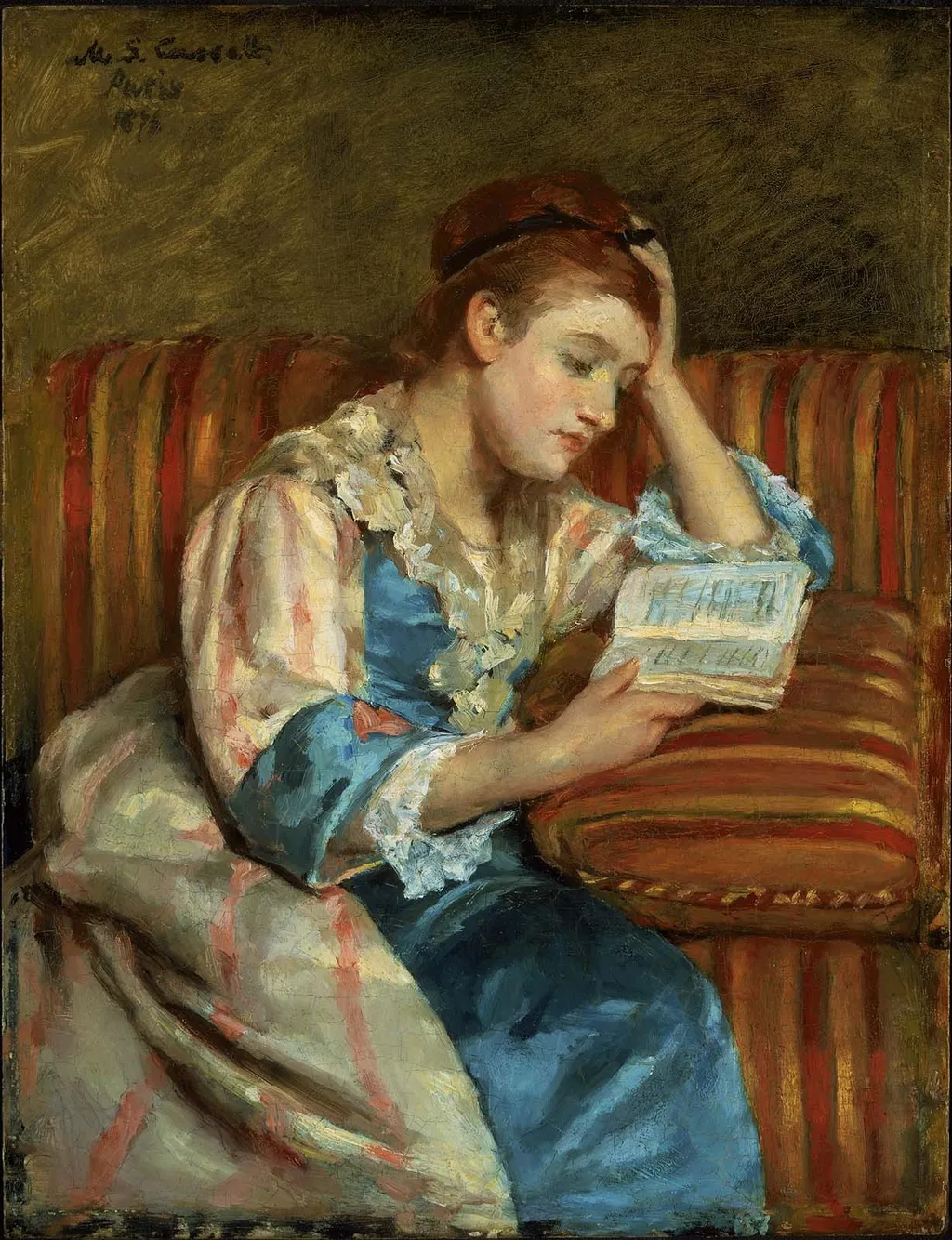 Mrs. Duffee Seated on a Striped Sofa, Reading, by Mary Cassatt, unspecified, 1888