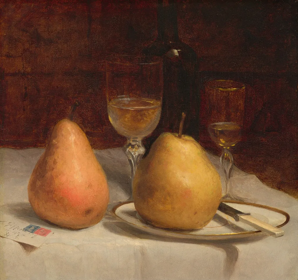 Two Pears on a Tabletop, by Sanford Robinson Gifford, oil, 1866