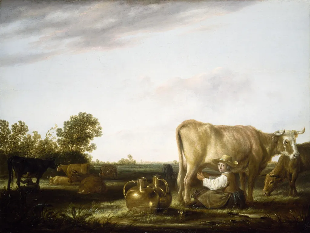 Milking Cows, by Aelbert Cuyp, oil, 1640