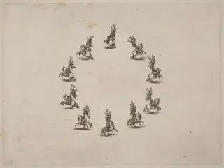 Ten Cavaliers in a Circle, by Stefano Della Bella, ink, 1652