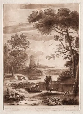 Liber Veritatis:  No. 50, A River Scene with Tobias and the Angel, by Richard Earlom, 1774