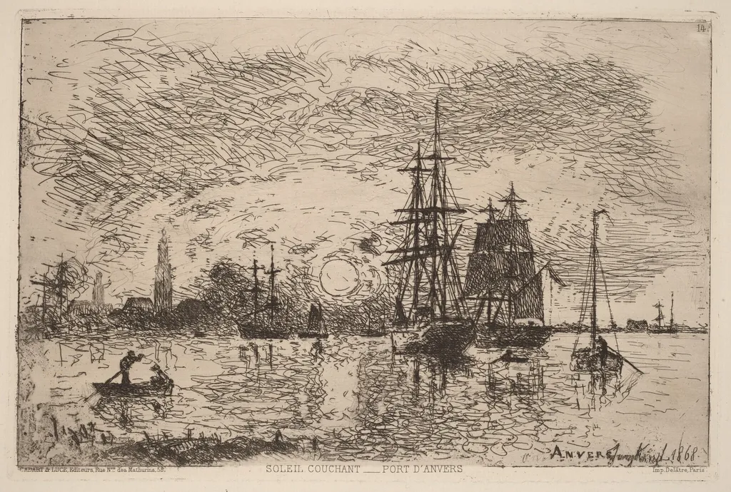 Setting Sun over Antwerp Harbor (Soleil couchant - port d'Anvers), by Johan Jongkind, ink, 1868