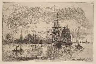 Setting Sun over Antwerp Harbor (Soleil couchant - port d'Anvers), by Johan Jongkind, ink, 1868