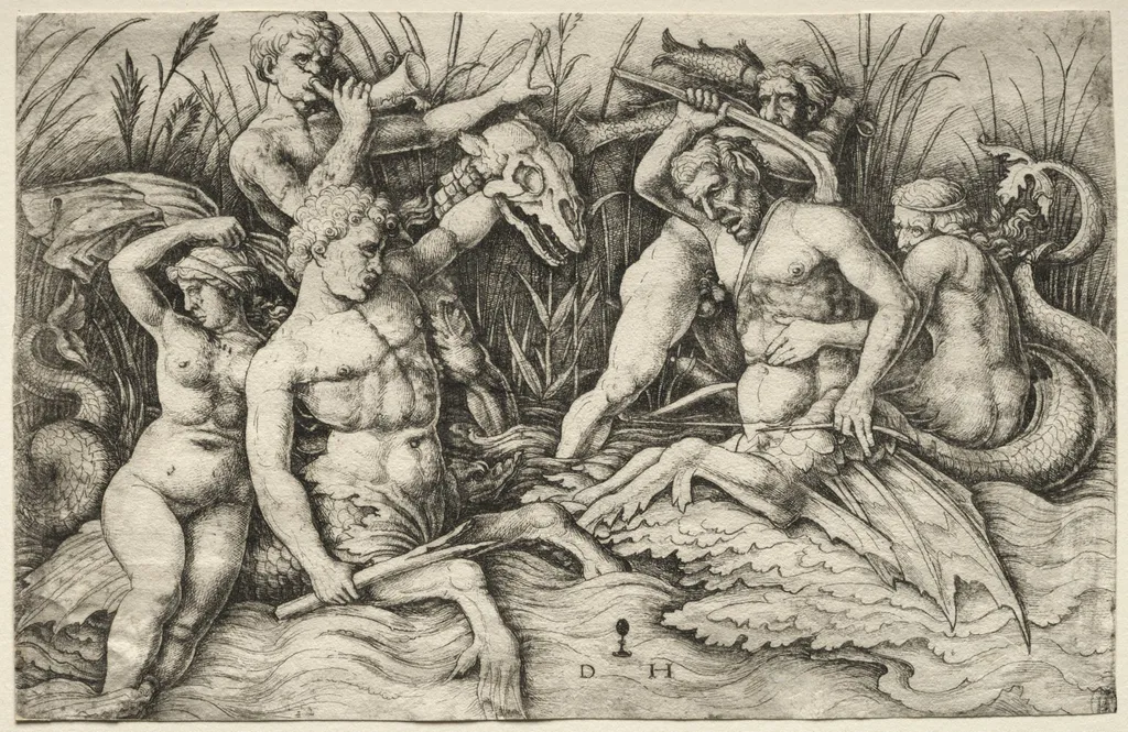 Two Tritons fighting - Battle of the Sea Gods (right portion), by Daniel Hopfer, 1513