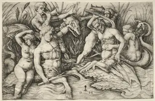 Two Tritons fighting - Battle of the Sea Gods (right portion), by Daniel Hopfer, 1513