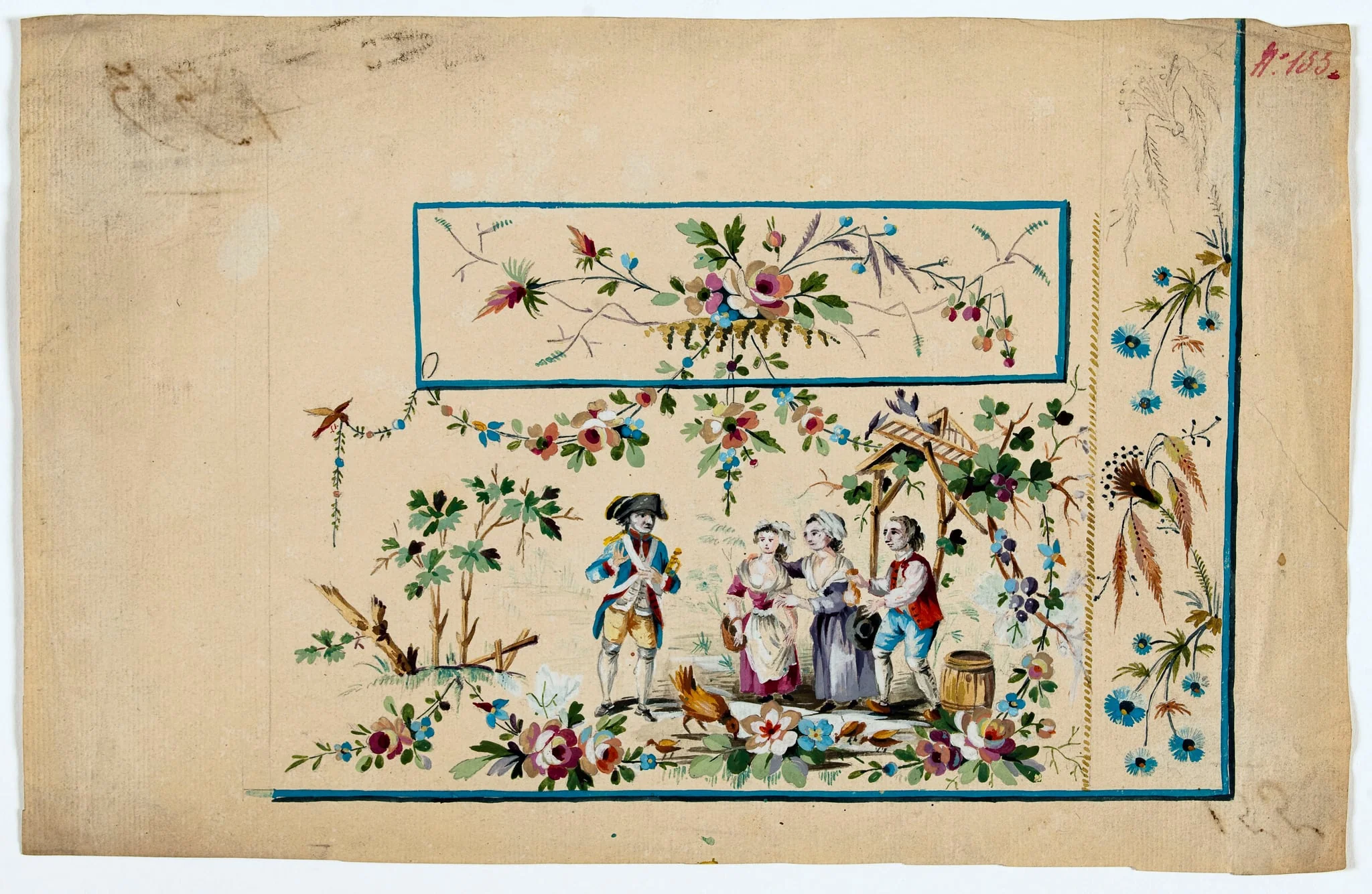 Gilet décor Louis Gillet parlant avec 2 paysans et leur fille, projets de broderies de gilet, XVIIIème siècle, detail