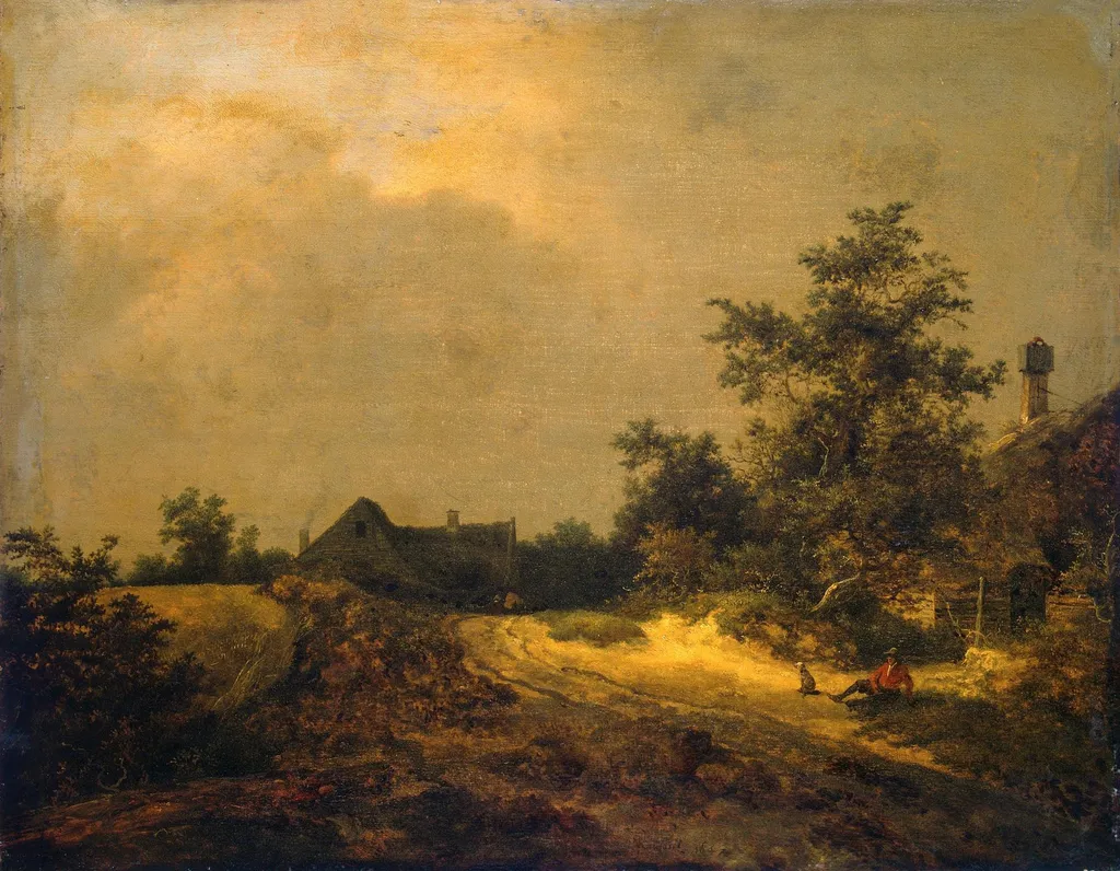 Landscape with some houses and a sand track, by Jacob van Ruisdael, oil, 1647