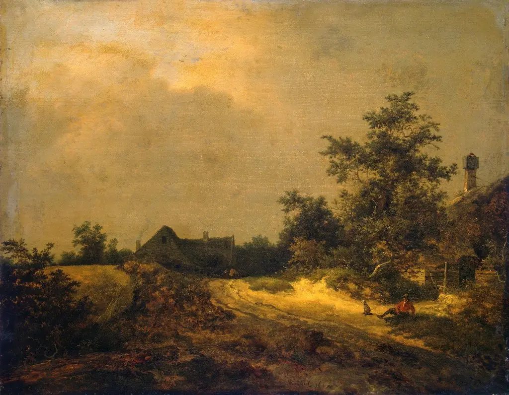 Landscape with some houses and a sand track, by Jacob van Ruisdael, oil, 1647