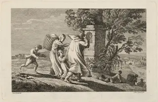 A Peasant Family Hurrying Past a Wayside Shrine in a Storm, by Heinrich Carl Reinhold, ink, 1816