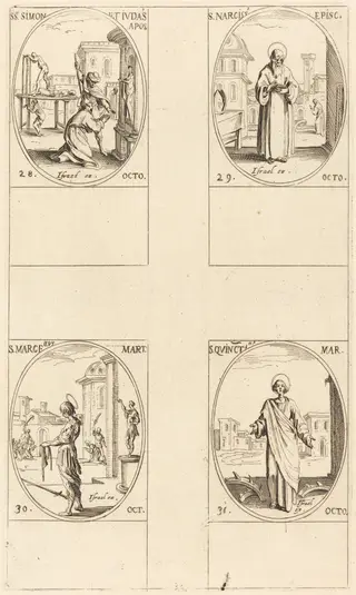Sts. Simon and Jude, Apostles; St. Narcissus; St. Marcellus; St. Quintin, by Jacques Callot, ink, 1634