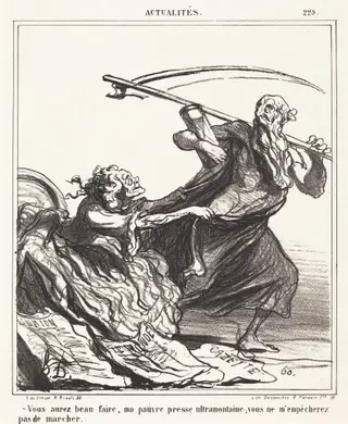 Vous aurez beau faire, ma pauvre presse..., by Honoré Daumier, ink, 1866