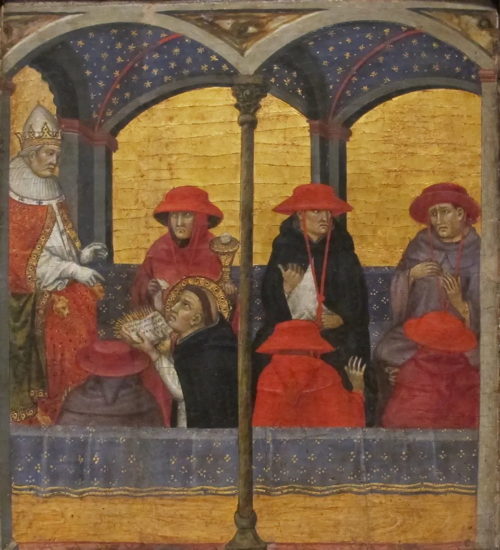 Saint Thomas Aquinas Submitting His Office of Corpus Domini to Pope Urban IV, by Taddeo di Bartolo, unspecified, 1403
