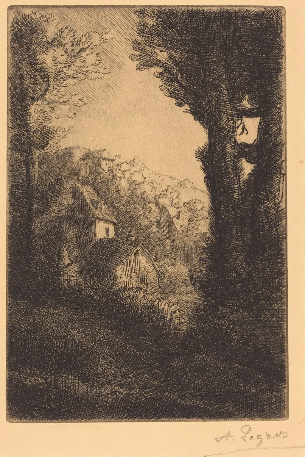 Farm on a Hillside in Sunlight (La ferme du coteau; Effet de soleil sur le coteau), by Alphonse Legros, ink, 1874