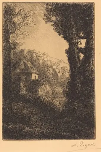 Farm on a Hillside in Sunlight (La ferme du coteau; Effet de soleil sur le coteau), by Alphonse Legros, ink, 1874
