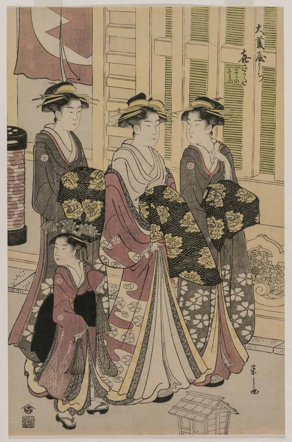 The Courtesan Kisagata of Ohishiya Strolling at Night with Two Shinzo and a Kamuro, by Chôbunsai Eishi, 1790