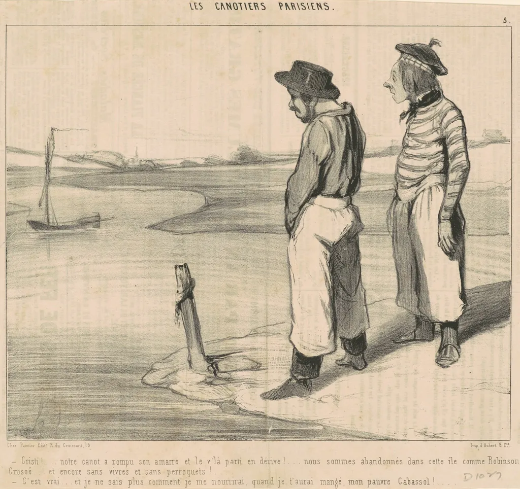 Cristi! ... Notre canot a rompu son amarre ..., by Honoré Daumier, ink, 1843