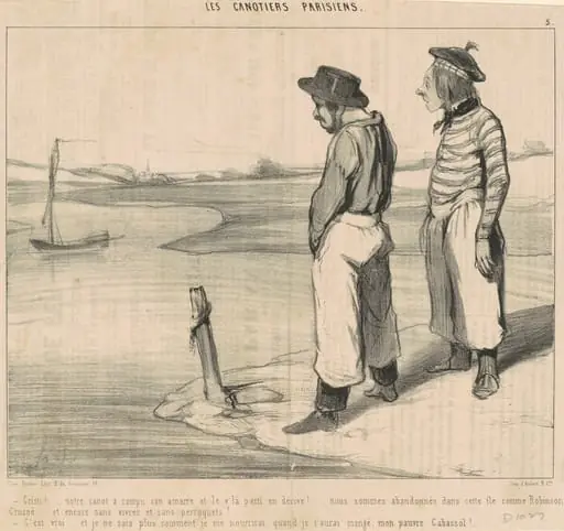 Cristi! ... Notre canot a rompu son amarre ..., by Honoré Daumier, ink, 1843