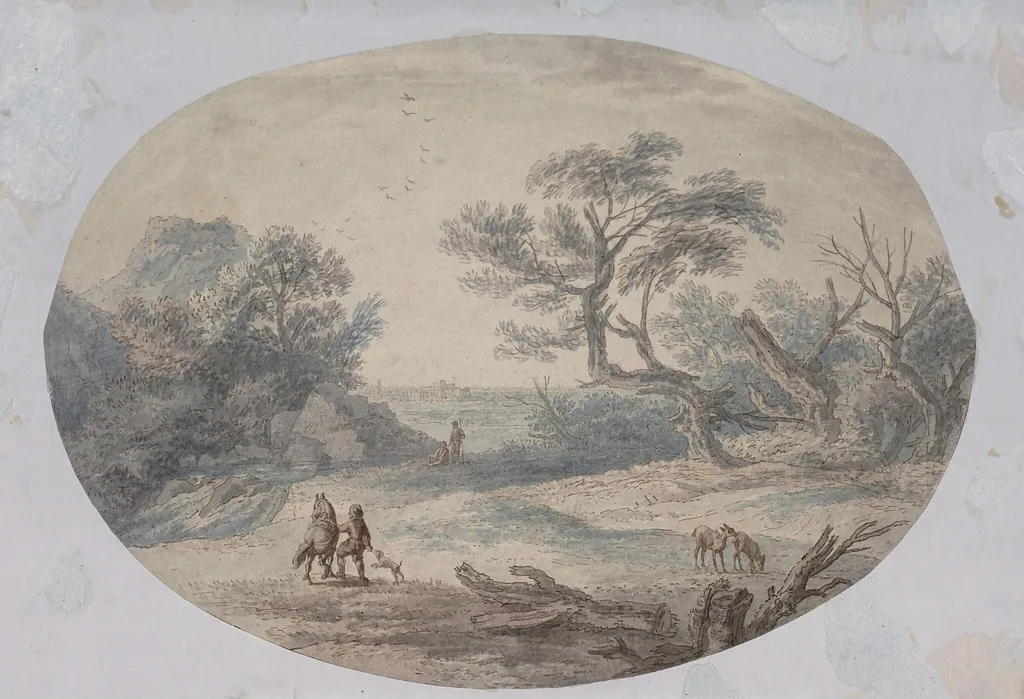 Landscape with waterfall, by Vivares, watercolor, 1730