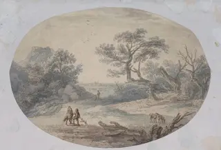 Landscape with waterfall, by Vivares, watercolor, 1730