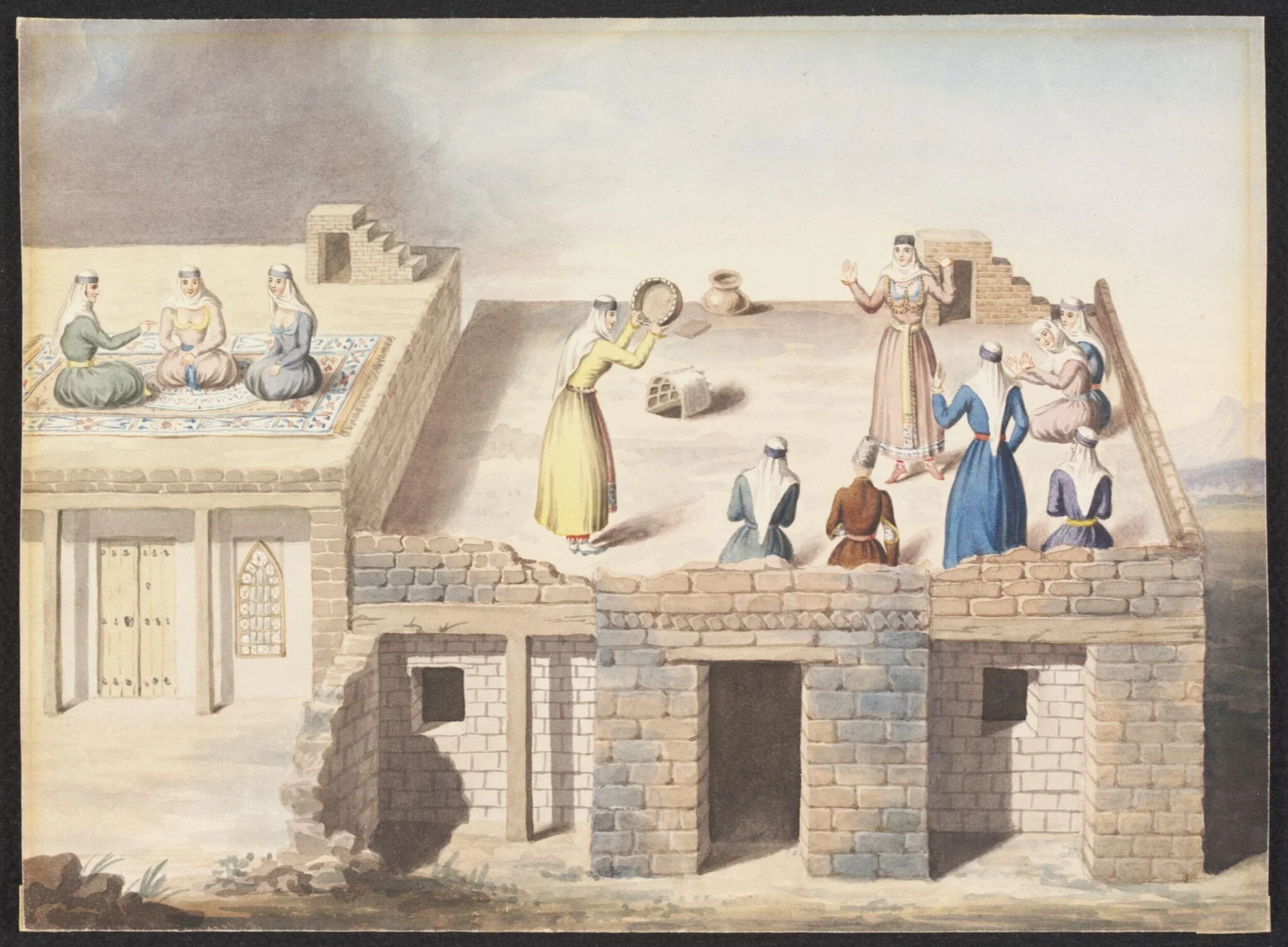 Scene with Women and a Man, playing music, dancing, and conversing, on roofs of buildings, possibly in the Caucasus, detail