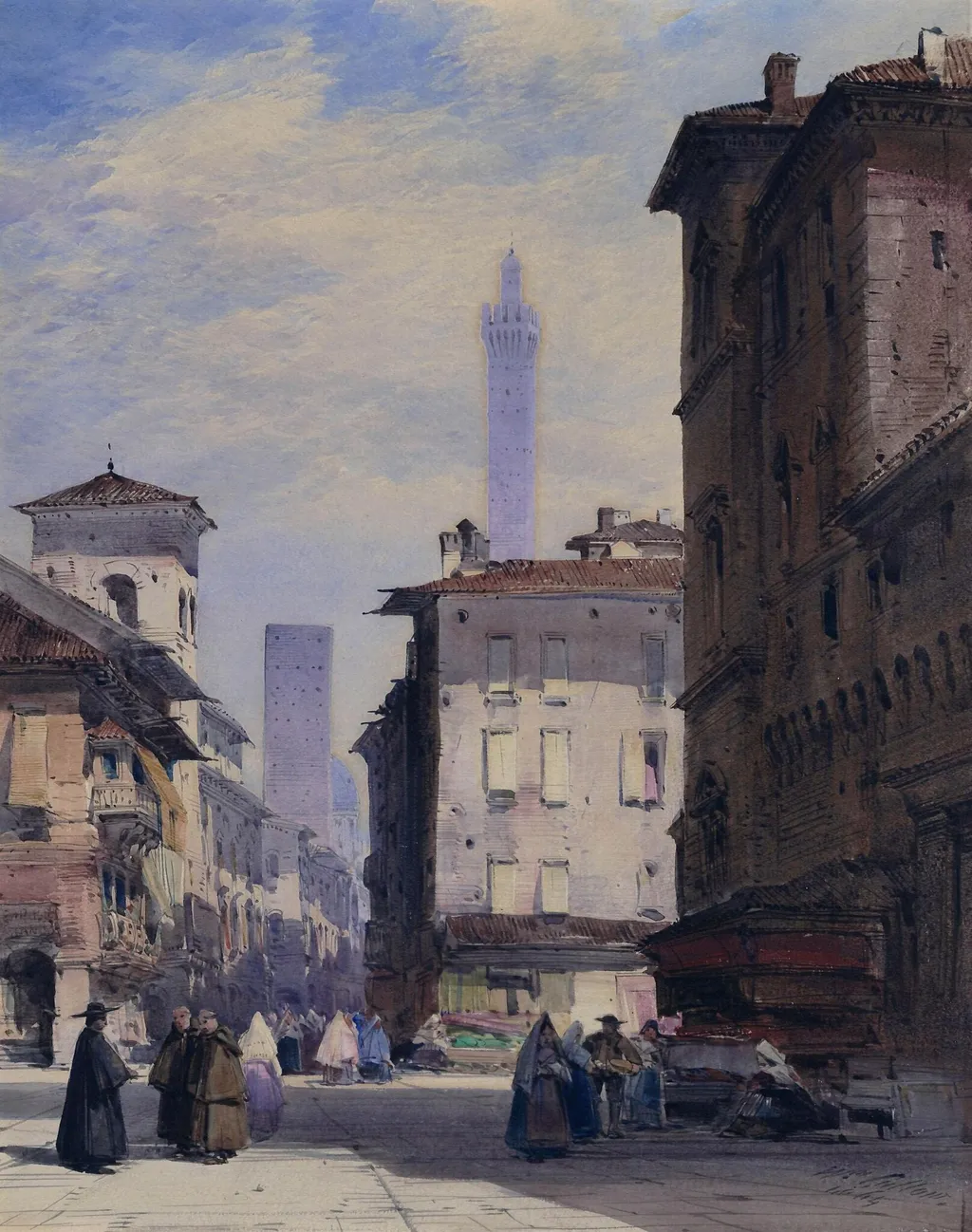The leaning tower of Bologna, by William Callow, watercolor, 1864