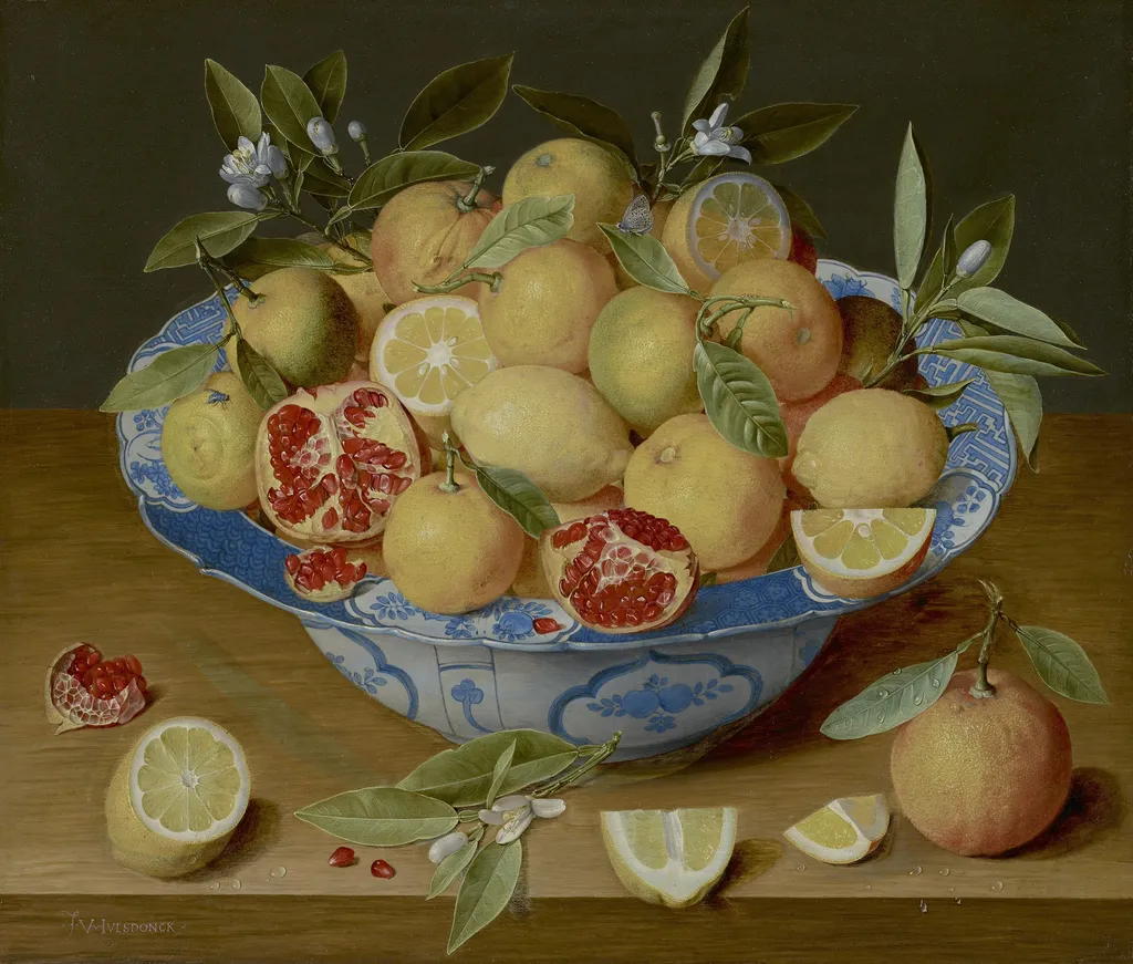 Still Life with Lemons, Oranges and a Pomegranate, by Jacob van Hulsdonck, oil, 1630
