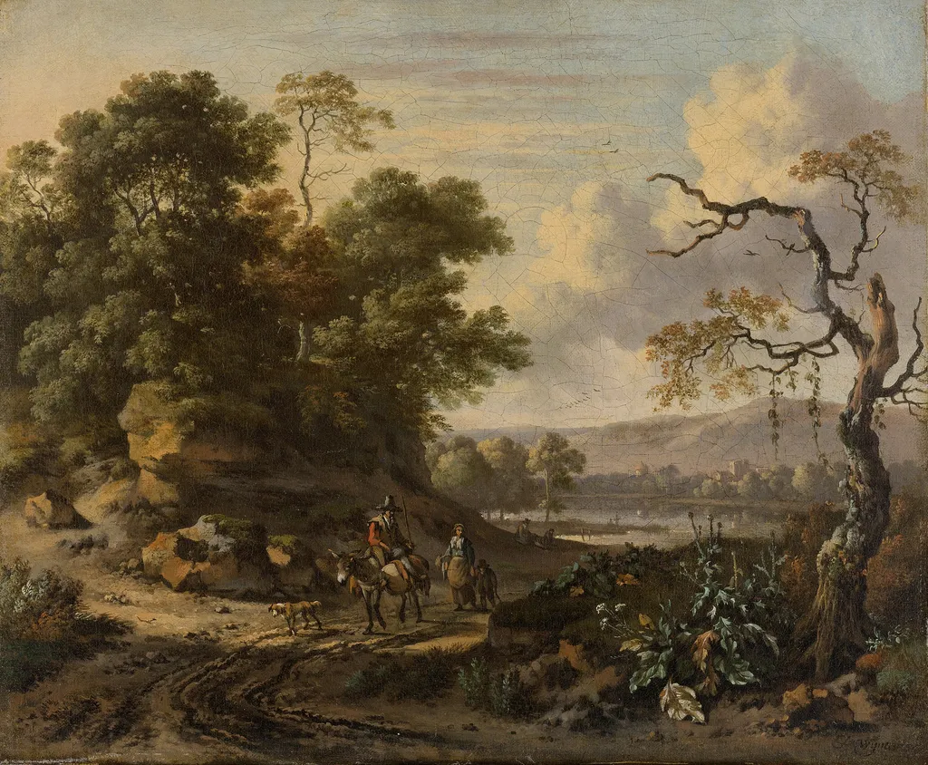 Landscape with donkey rider, by Jan Wijnants, oil, 1670