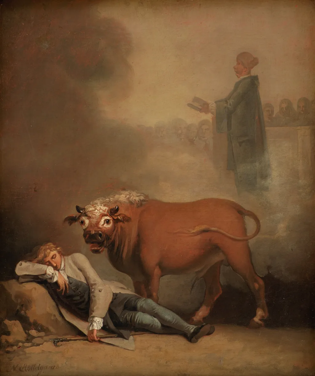 Niels Klim thinks he hears the Deacon when he is awakened by a Bull, by Nicolai Abildgaard, oil, 1793