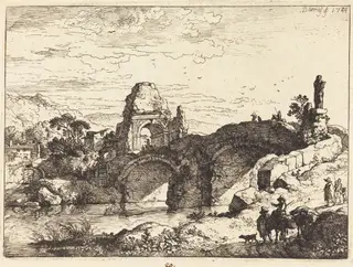 Landscape with a Bridge and Ruined Tower, by Christian Wilhelm Ernst Dietrich, ink, 1744
