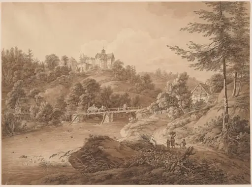 Rauenstein Castle Seen from the River's Edge, by Adrian Zingg, ink, 1800