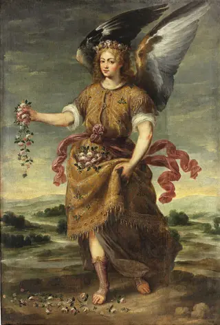 The Archangel Baraquiel scattering flowers, by Bartolomé Román, oil, 1601