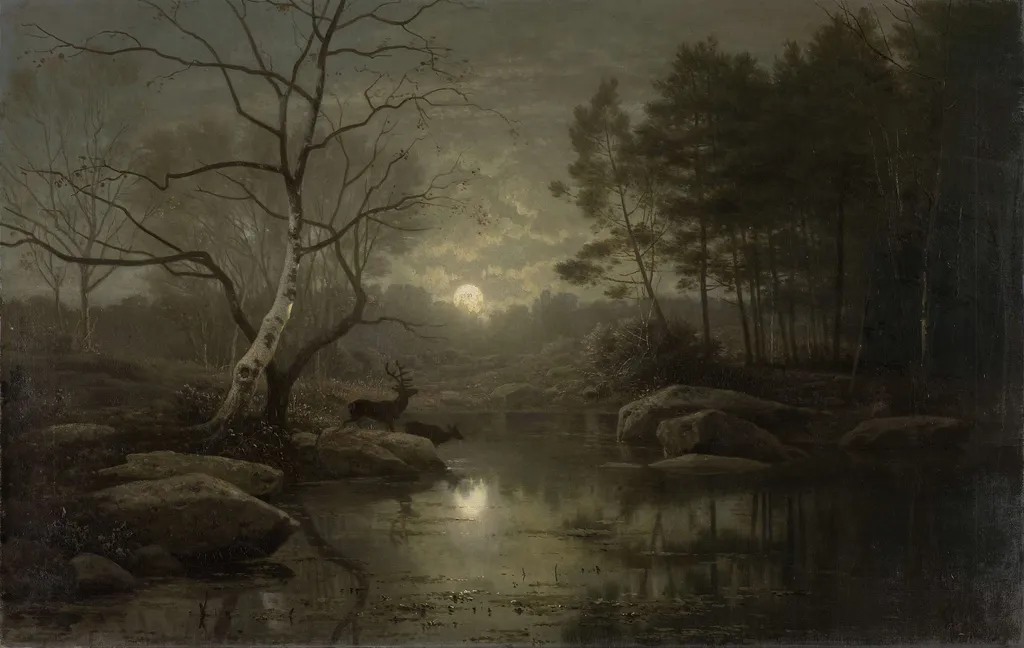 Forest Landscape in the Moonlight, by Georg Saal, oil, 1861