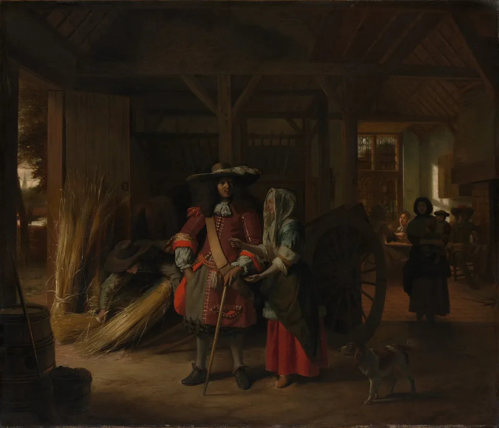 Officer paying a woman in a stable, by Pieter de Hooch, oil, 1670