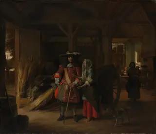 Officer paying a woman in a stable, by Pieter de Hooch, oil, 1670