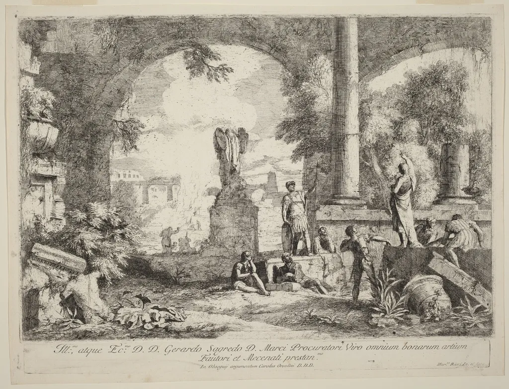 Landscape with Classical Ruins, by Marco Ricci, ink, 1724