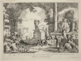 Landscape with Classical Ruins, by Marco Ricci, ink, 1724