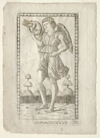 Genius of Time (from the Tarocchi, series B: Cosmic Principles & Virtues, #32), by Master of the E-Series Tarocchi, 1467