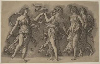 Four Dancing Muses, by Giovanni Antonio da Brescia, ink, 1502