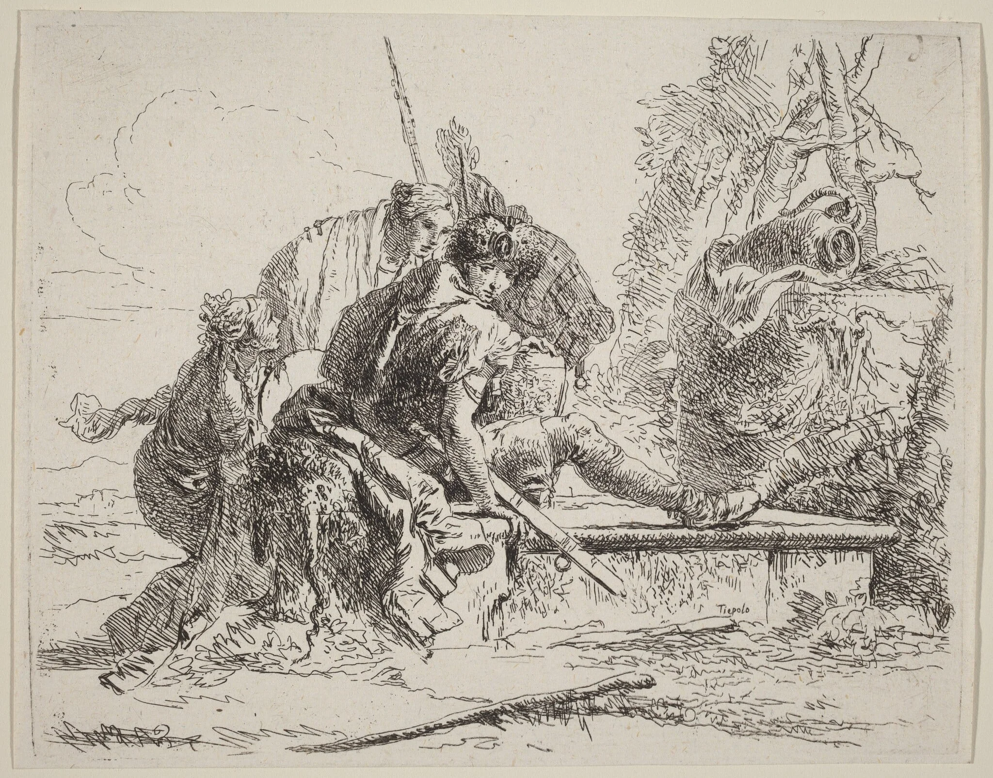 Soldier Seated on a Tomb with Surrounding Figures, detail