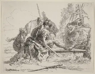 Soldier Seated on a Tomb with Surrounding Figures, by Giovanni Battista Tiepolo, ink