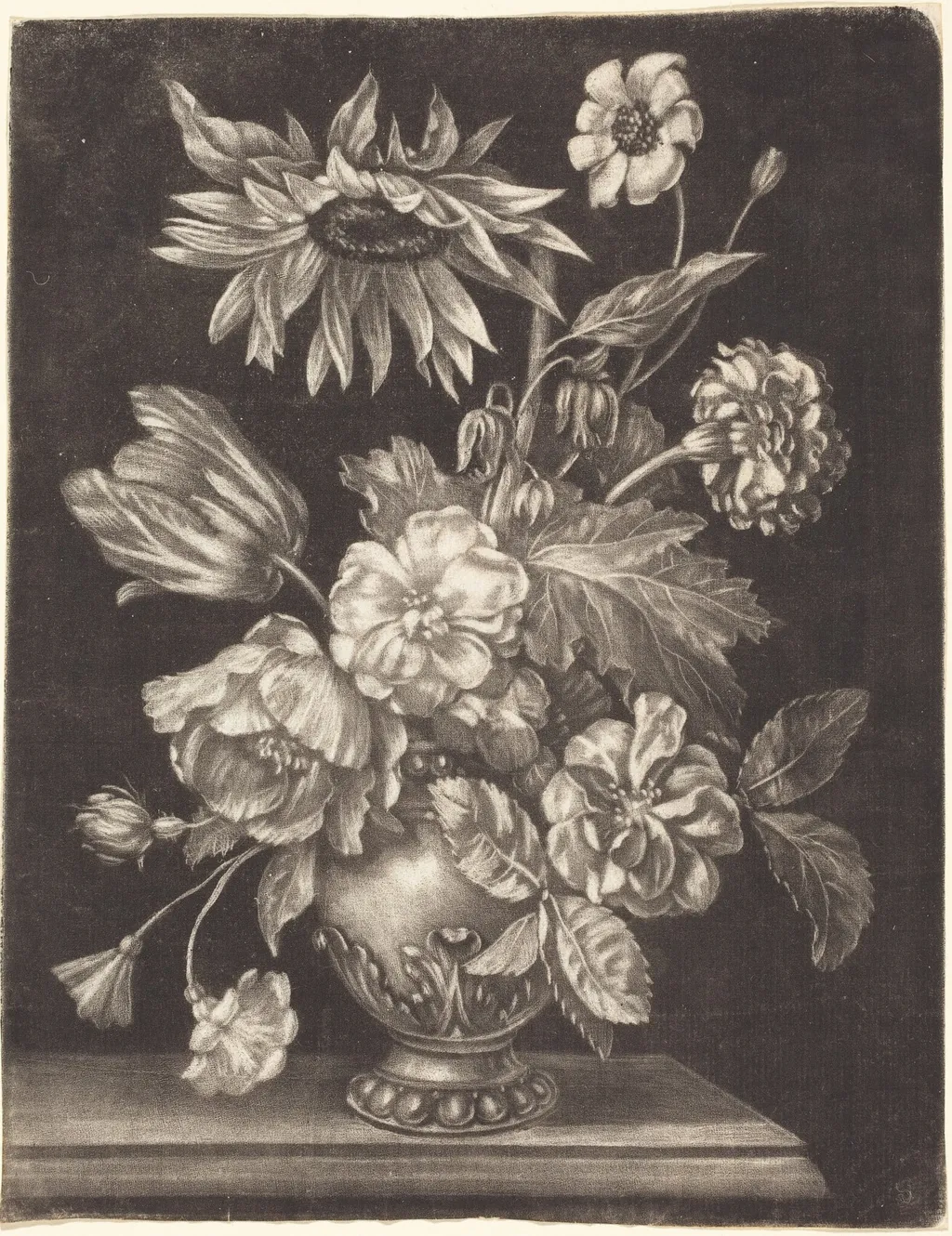 Floral Still Life with a Sunflower, by Elias Christoph Heiss, ink, 1690