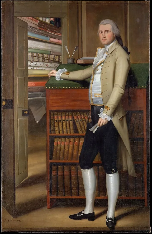 Elijah Boardman, posed at full length inside his New Milford dry-goods shop, his stock and his ledgers given equal billing with his face.