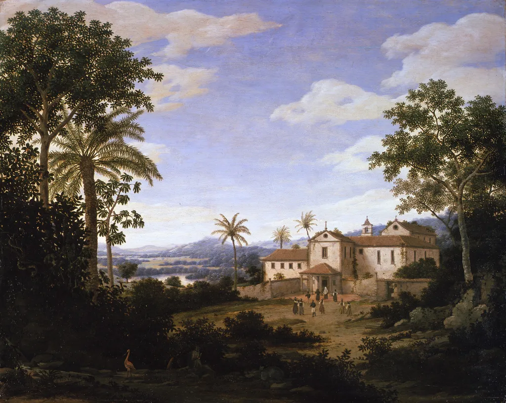 Brazilian landscape with the Igarassu Franciscan Monastery, by Frans Post, paint, 1663