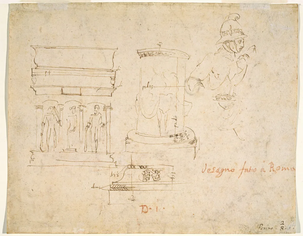 Architectural Details and a Soldier [verso], by Raphael, ink, 1502