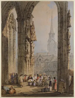 Scene from a church porch, by Samuel Prout, watercolor, 1850