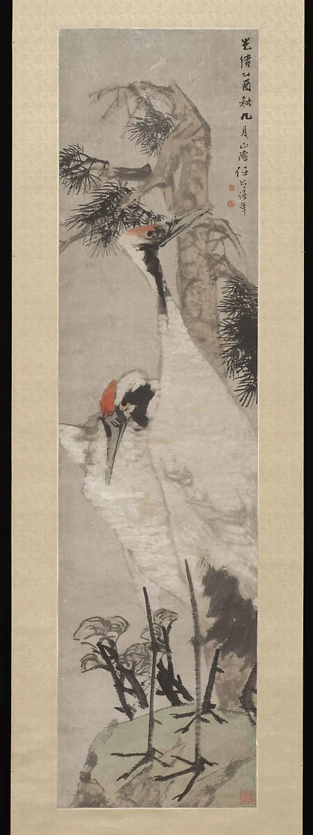 清 任頤 松鶴圖 軸|Cranes, Pine Tree, and Lichen, detail